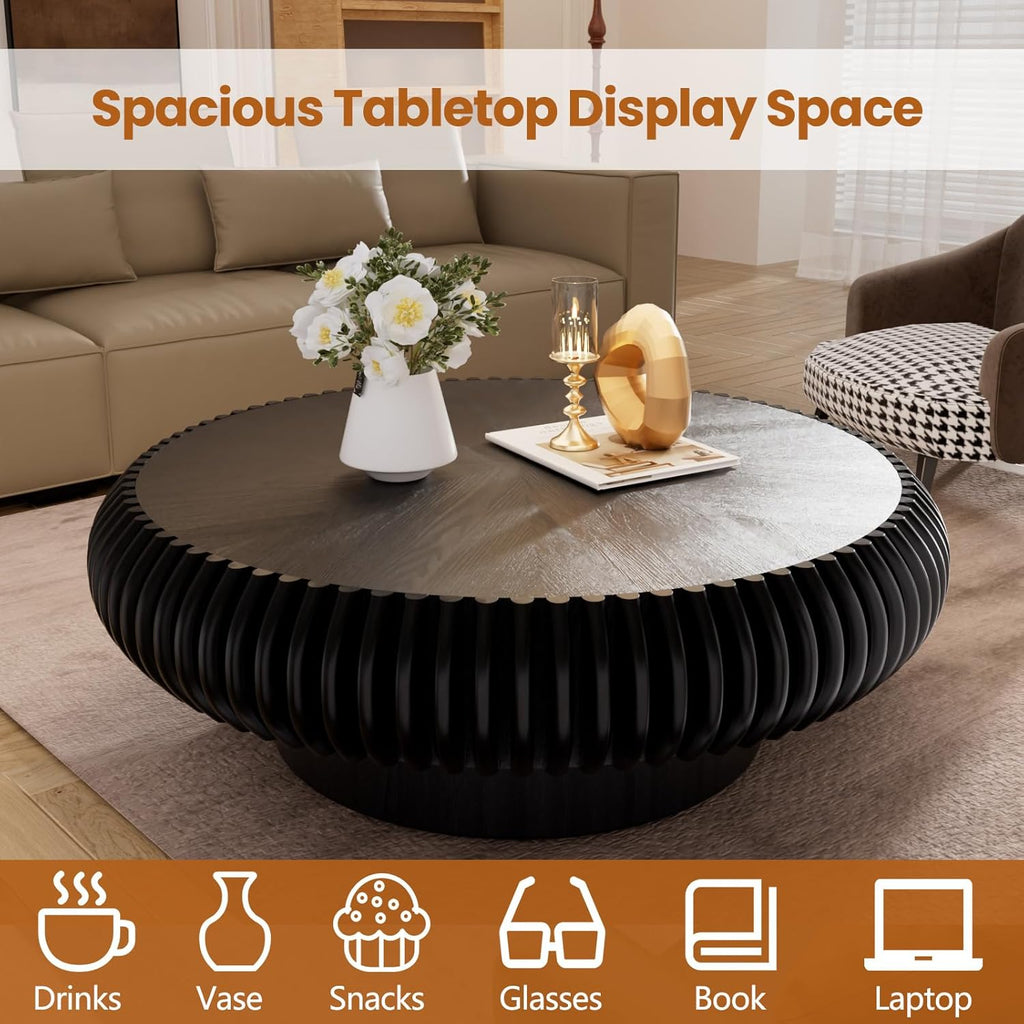 Round Drum Coffee Table with Sturdy Pedestal, Modern Wooden Fluted Coffee Table, Circle Center Table Accent Tea Table for Living Room Apartment Office Reception Room (Black D39.4)