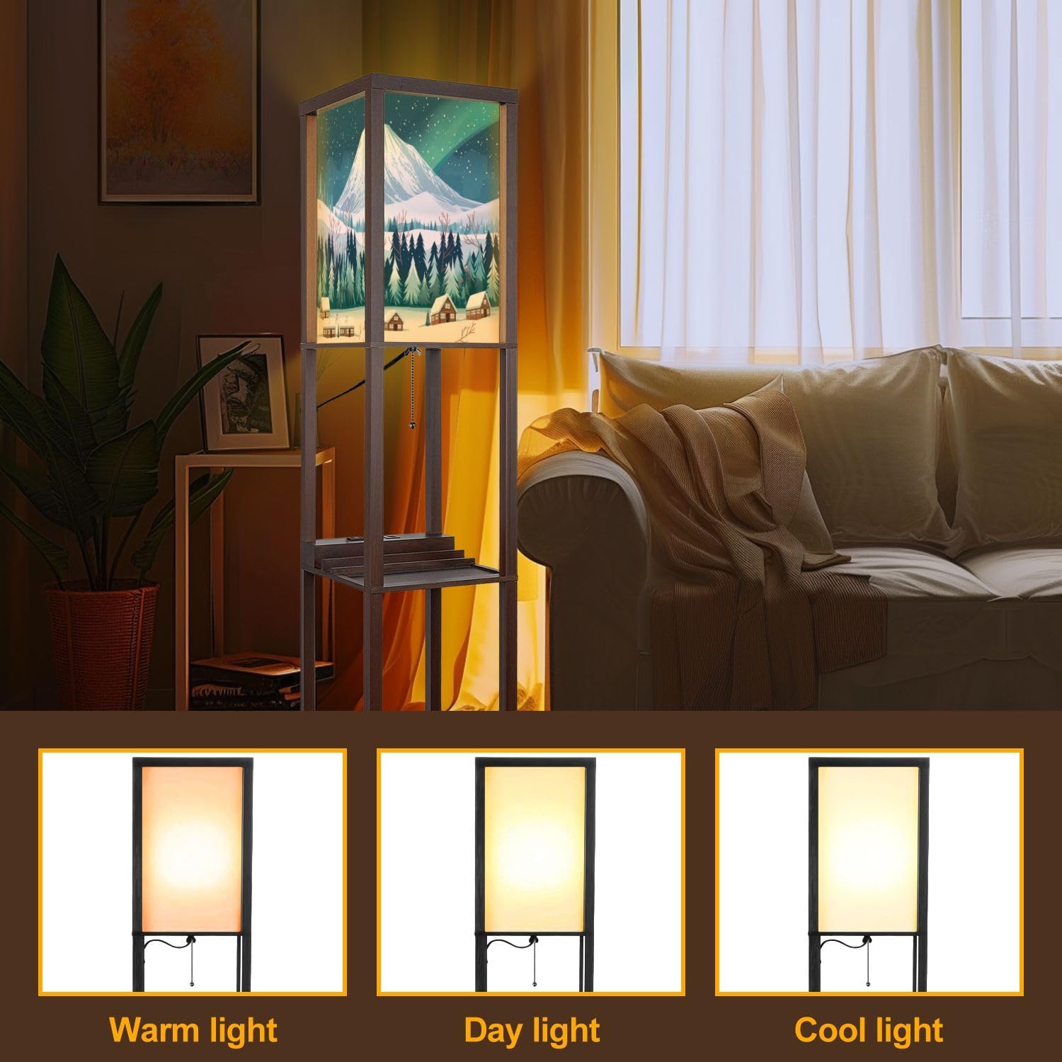 Floor Lamp with Shelves Snow Capped Mountain Wooden Cabins Crisp White Forest Standing Tall Lamp USB Ports & Power Outlet Modern Corner Lamp Nightstand Light for Living Room Bedroom
