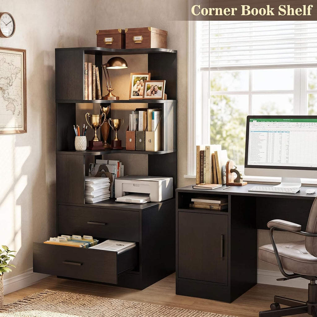 Armocity Corner Bookshelf with Drawers, 6 Tier Corner Book Shelf Display Bookcase, Freestanding L Shaped Bookshelf for Bedroom, Living Room, Home Office, Black