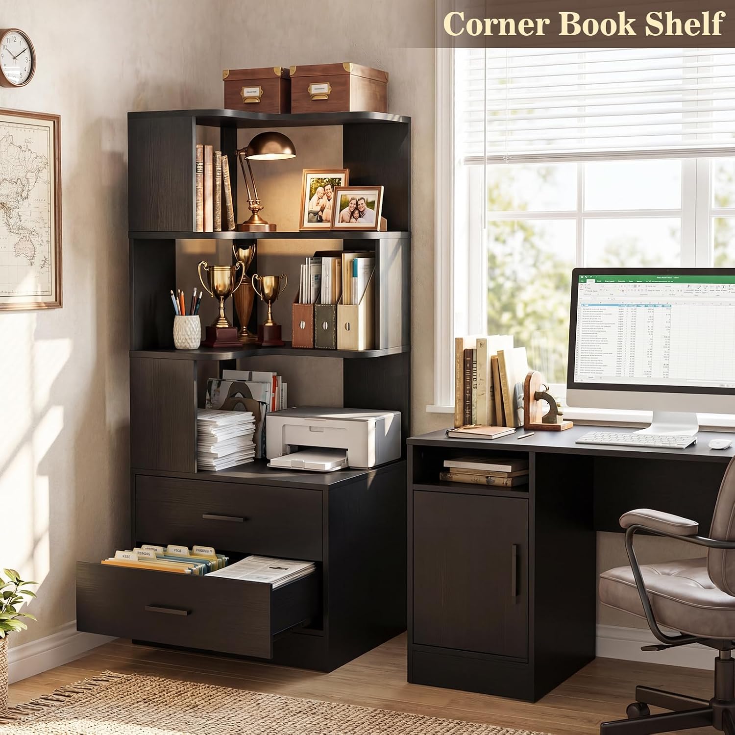 Armocity Corner Bookshelf with Drawers, 6 Tier Corner Book Shelf Display Bookcase, Freestanding L Shaped Bookshelf for Bedroom, Living Room, Home Office, Black