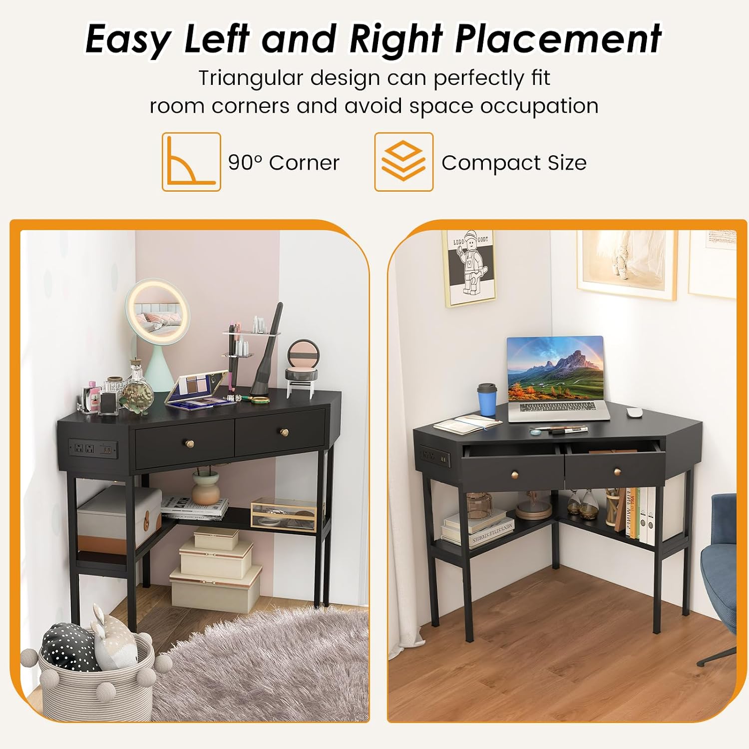 Giantex Corner Desk with Charging Station, 90 Degree Triangle Computer Desk with 2 Drawers & Storage Shelf, L-Shaped Writing Desk Makeup Vanity Table, Compact Corner Desk for Small Spaces (Black)