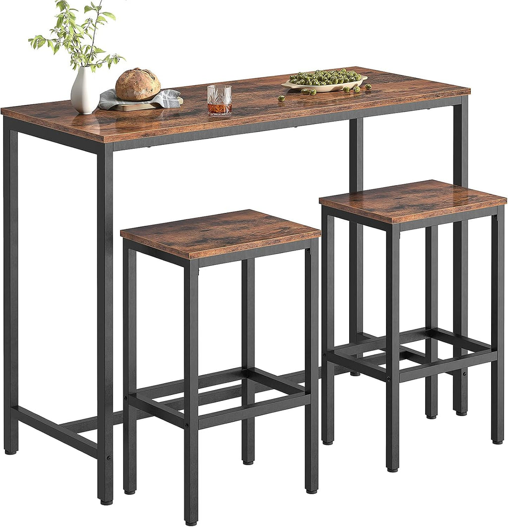 HOOBRO Bar Table and Chairs Set, 47.2' Rectangular Pub Table with 2 Stools for Small Space, High Top Table, 3-Piece Breakfast stools Set, Sturdy Metal Frame, Easy to Assemble, Rustic Brown BF52BT01