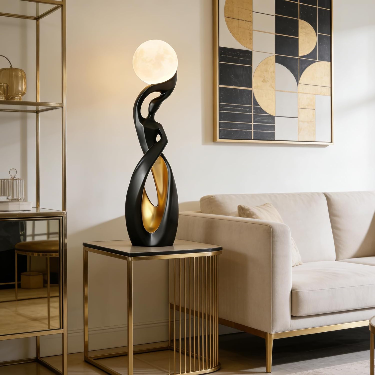 Modern Black and Gold Floor Lamp,Art Unique Corner Standing Light | Decorative Rechargeable Moon Tall Lamp Or Resin Creative Stylish Decor Lamps for LivingRoom,BedRoom