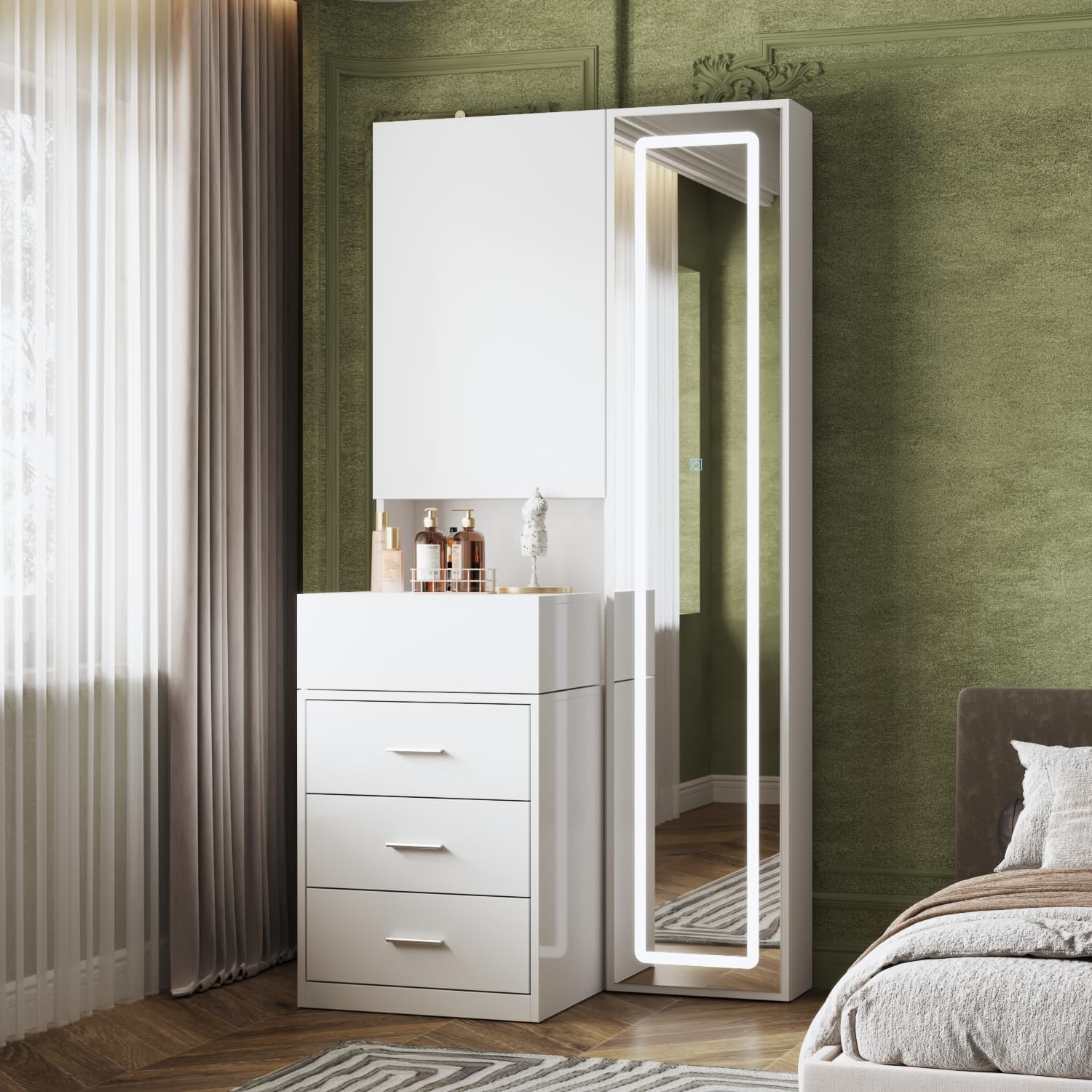 Vanity Desk with Mirror and Lights, Makeup Vanity with Drawers and Hidden Shelves, Full Length LED Mirror, Bedroom Dressing Table with Sliding Top, Grid Drawer, White, 19.7'D x 31.5'W x 63'H
