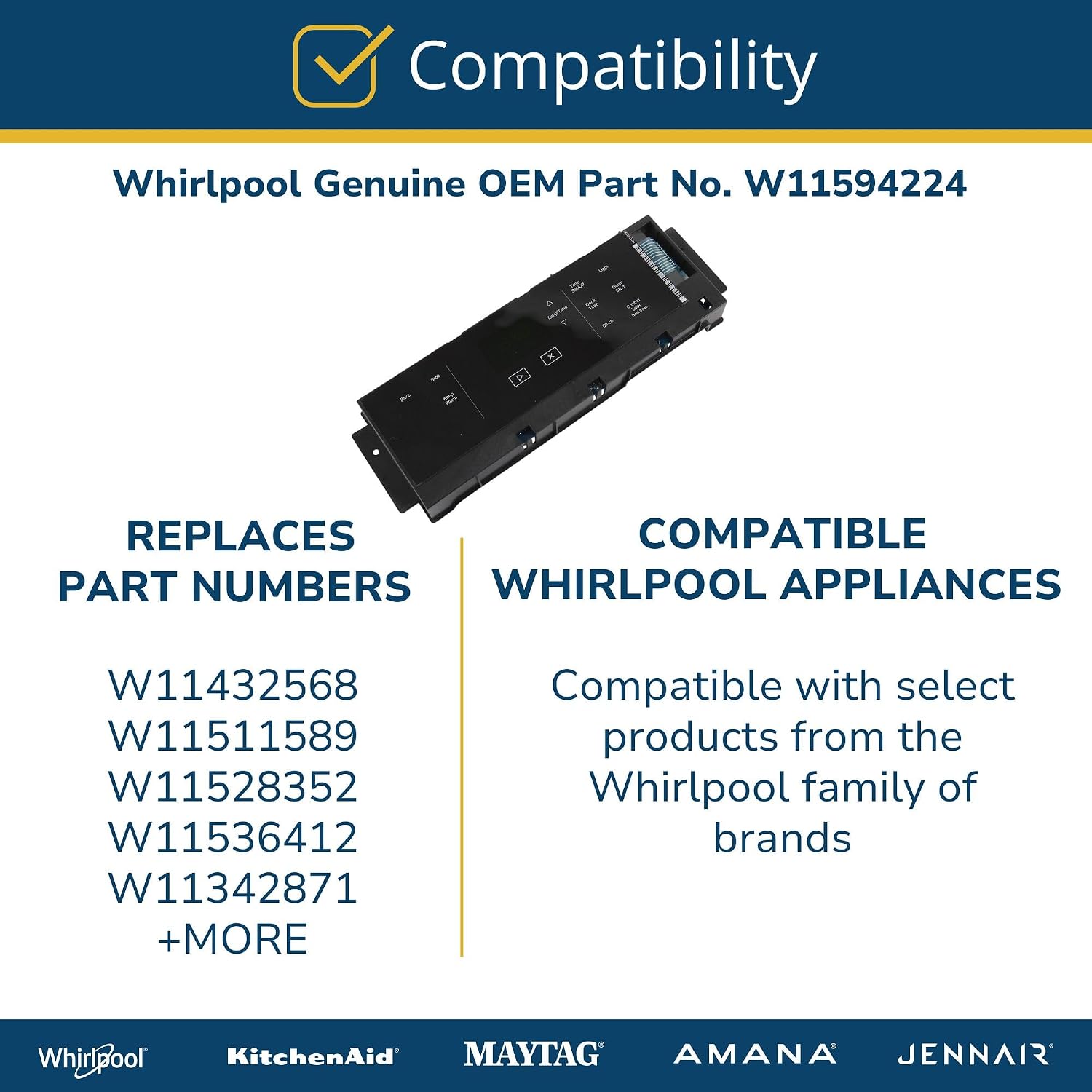 Whirlpool W11594224 Genuine OEM Range Electronic Control Board Replacement Part - Replaces W11432568, W11511589, W11528352, and W11536412