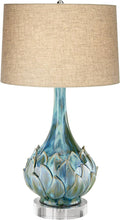 Possini Euro Design Kenya Modern Tropical Table Lamp with Riser 31' Tall Blue Green Ceramic Beige Linen Drum Shade for Living Room Bedroom House Bedside Home Office Entryway (Color May Vary)