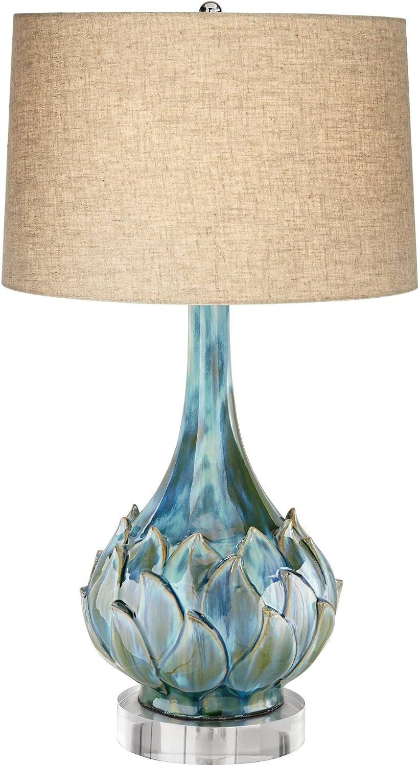 Possini Euro Design Kenya Modern Tropical Table Lamp with Riser 31' Tall Blue Green Ceramic Beige Linen Drum Shade for Living Room Bedroom House Bedside Home Office Entryway (Color May Vary)