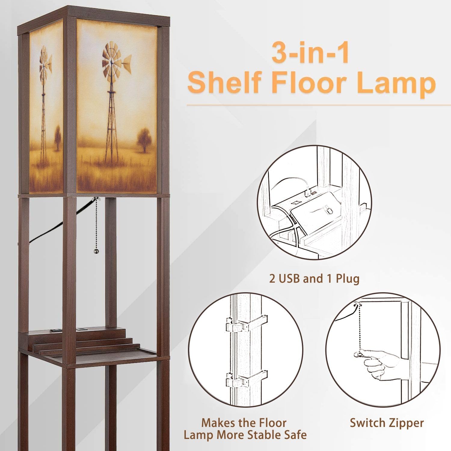 Floor Lamp with Shelves Rustic Windmill Golden Prairie Landscape Standing Tall Lamp USB Ports & Power Outlet Modern Corner Lamp Nightstand Light for Living Room Bedroom