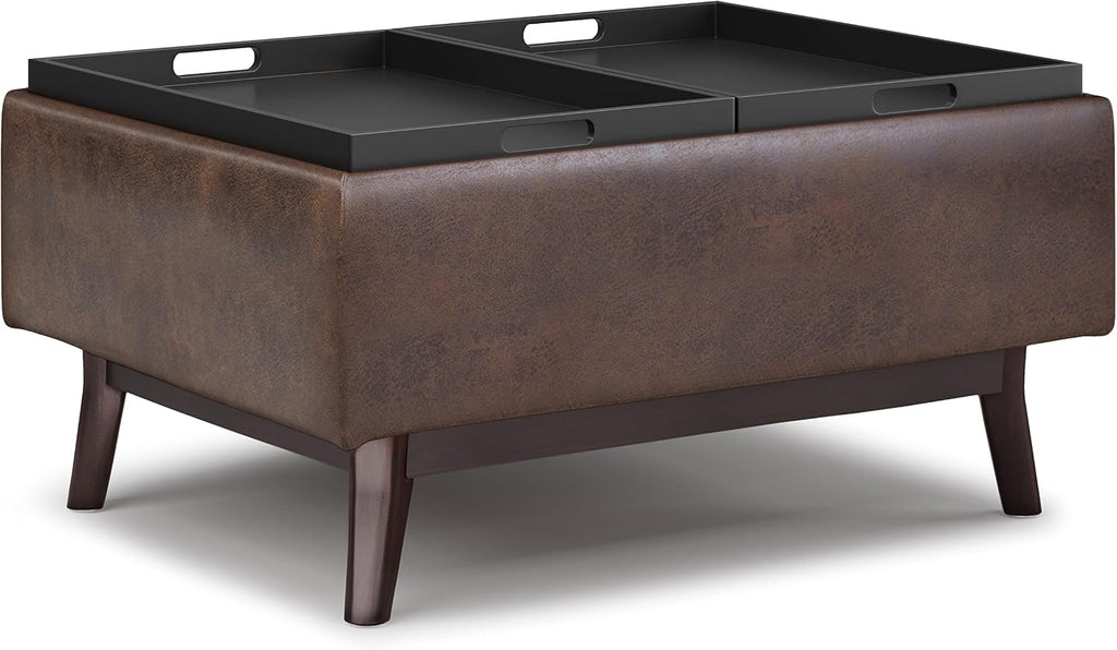 SIMPLIHOME Owen Tray Top Small Coffee Table Storage Ottoman - 34 inch Wide Upholstered Vegan Leather Rectangular Flip-Top Ottoman in Distressed Chestnut Brown, Mid-Century Ottoman for Living Room