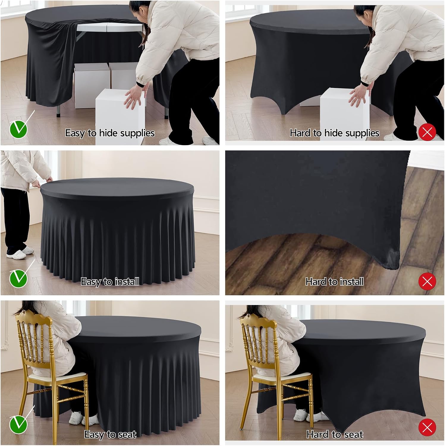leegleri 8 Pack Spandex Black Round Tablecloths for 72in Table, Stretchy 132inch Fitted 6FT Round Table Cloths, Wrinkle Free Table Cover with Skirt for Wedding Birthday Party Bridal Shower Banquet