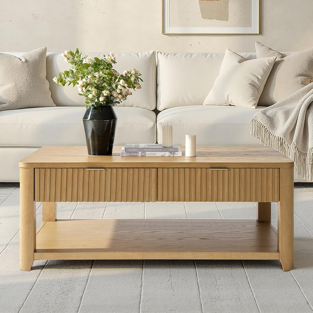 HULALA HOME Modern Fluted Coffee Table with Storage, Wood Oak Veneer Coffee Table with Wide Tabletop, 2 Drawers and Lower Shelf for Living Room, Easy Assembly, Natural