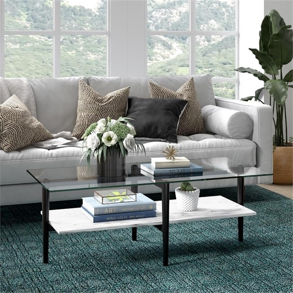 Otto 47'' Wide Rectangular Coffee Table with Faux Marble Shelf in Blackened Bronze/Faux Marble