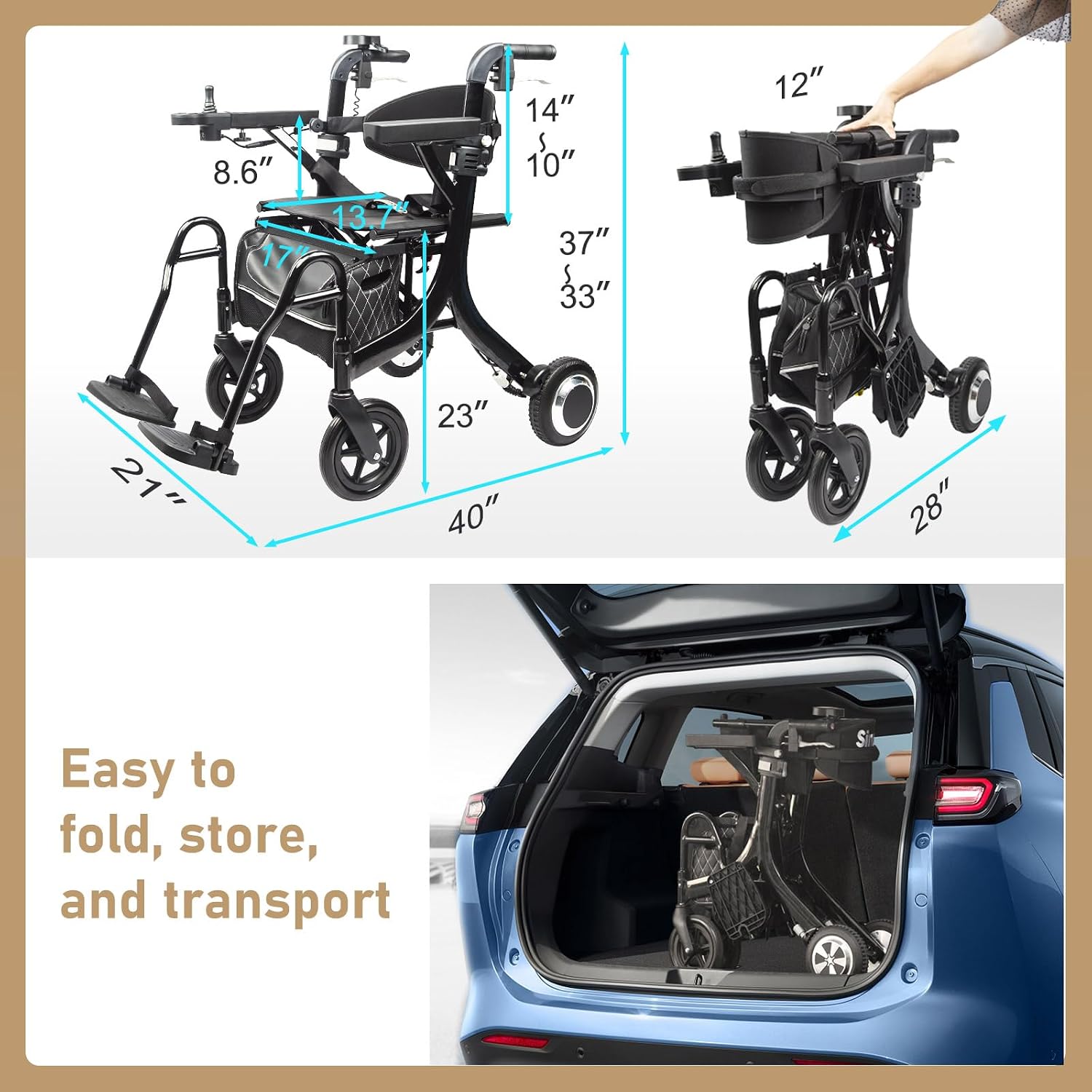 CARLIKE 3 in 1 Electric Wheelchair & Lightweight Rollator Walker with Seat & Foldable Transport Wheel Chair for Seniors Adults, Motorized Mobility Scooters, All Terrain,500W Motors