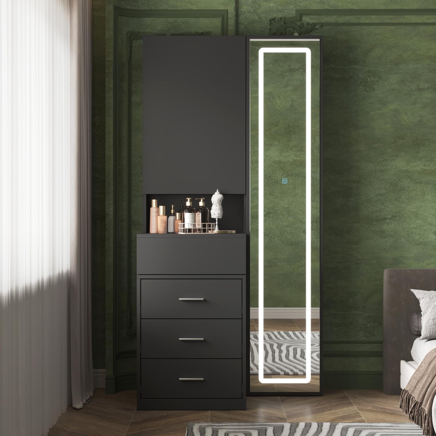 Vanity Desk with Mirror and Lights, Makeup Vanity with Drawers and Hidden Shelves, Full Length LED Mirror, Bedroom Dressing Table with Sliding Top, Grid Drawer, Black, 19.7'D x 31.5'W x 63'H
