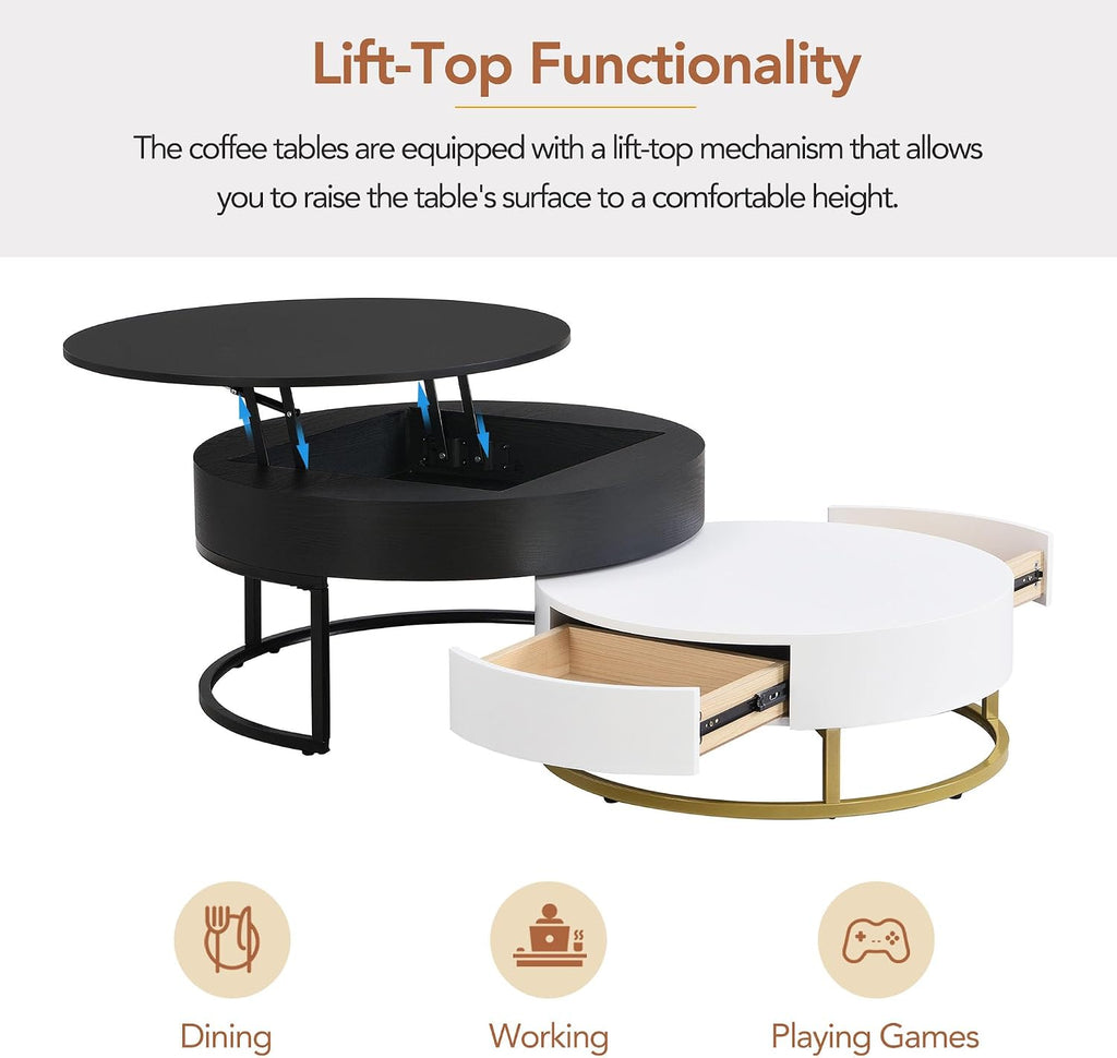 Modern Round Lift-top Nesting Coffee Tables with 2 Drawers for Living Room White & Black