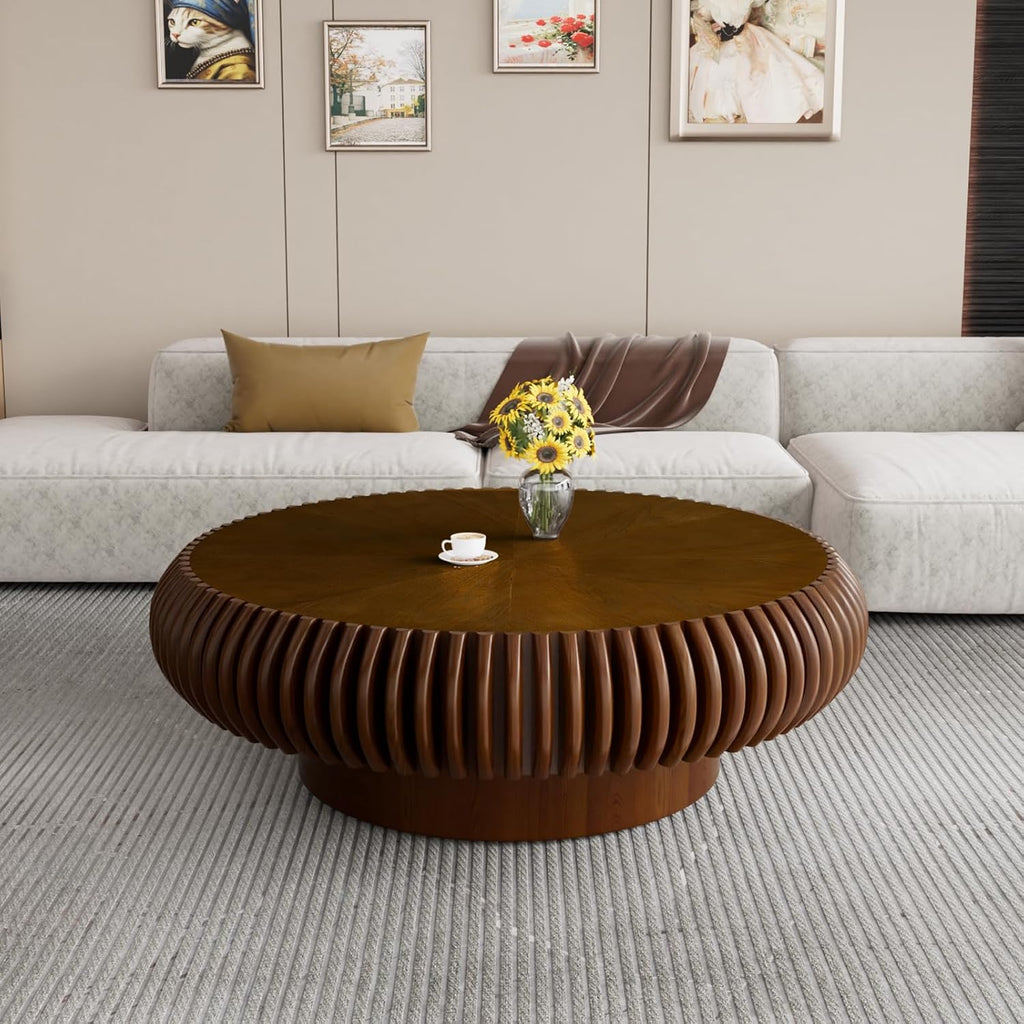 Fluted Drum Coffee Table Round Coffee Table for Living Room Mid Century Modern Coffee Tables with Sturdy Pedestal Circle Center Tea Table Accent Tea Table for Small Space Apartment (39.4inch Walnut)