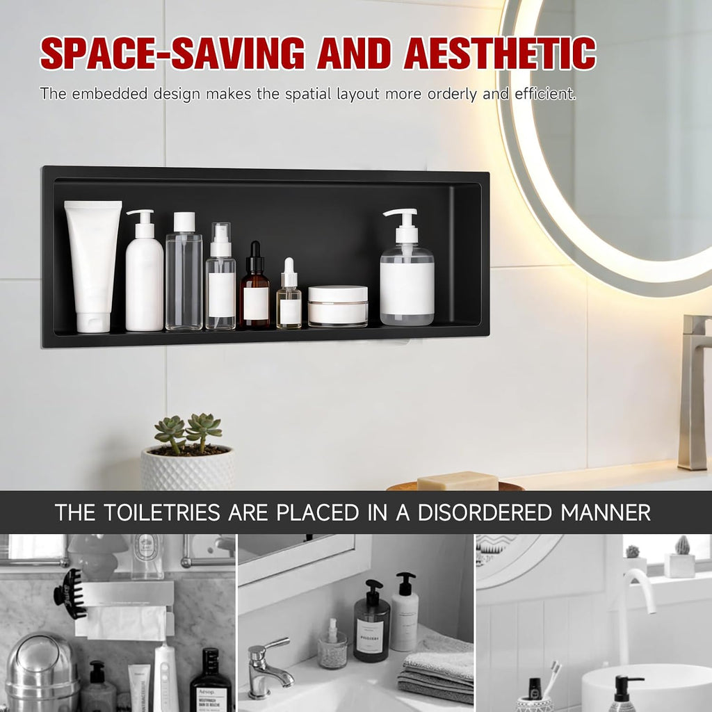 VELPAX No Tile Needed Shower Niche 12'X 36', Bathroom Wall Niche Single Shelf, Stainless Steel Shower Niche for Bathroom, Kitchens, Balconies