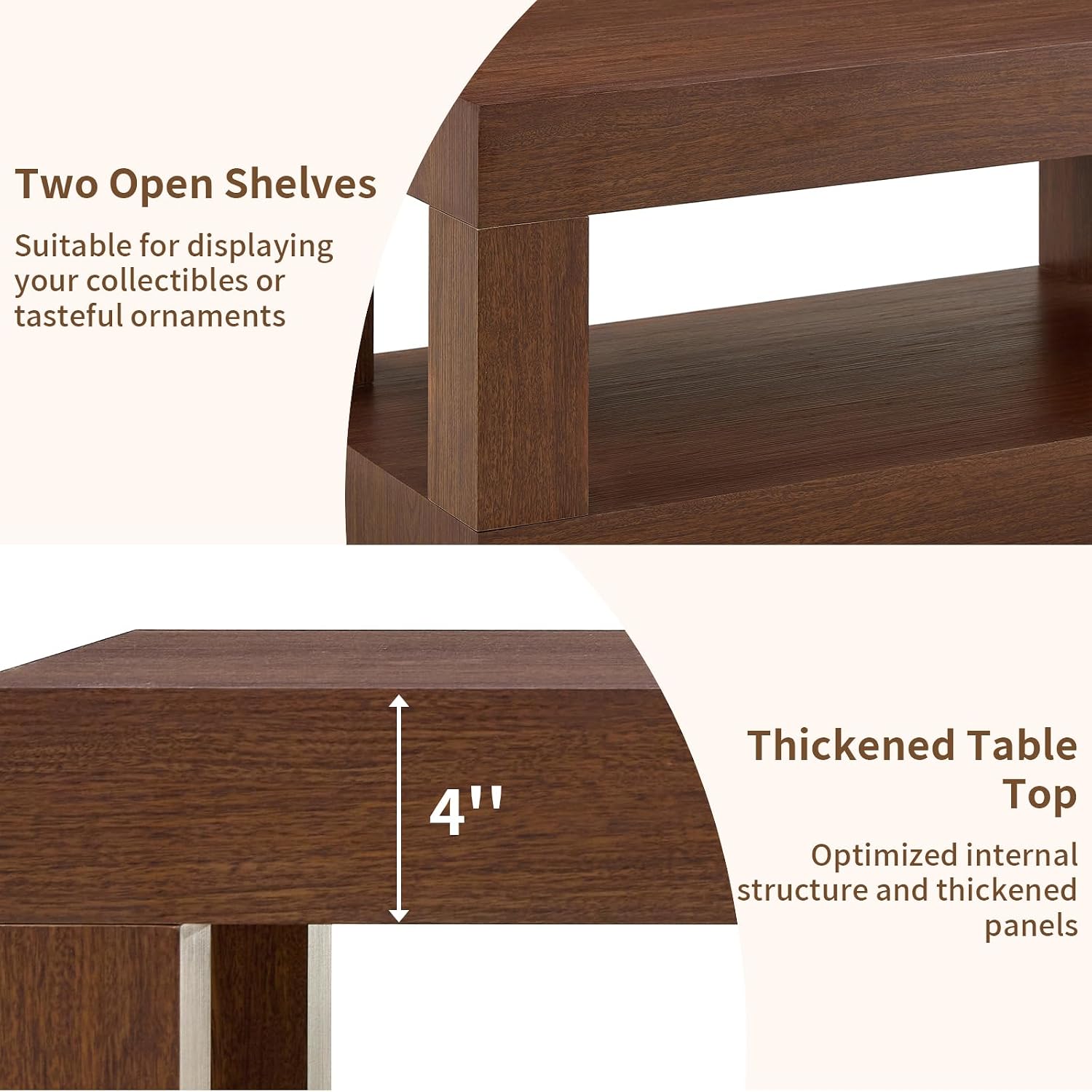 LKTART 39.37' Coffee Table with Storage, 2-Tier Mid Century Rectangular Accent Table with Thick Tabletop, Rustic Style Cocktail, Center Table for Living Room, Office, Apartment (Dark Walnut)