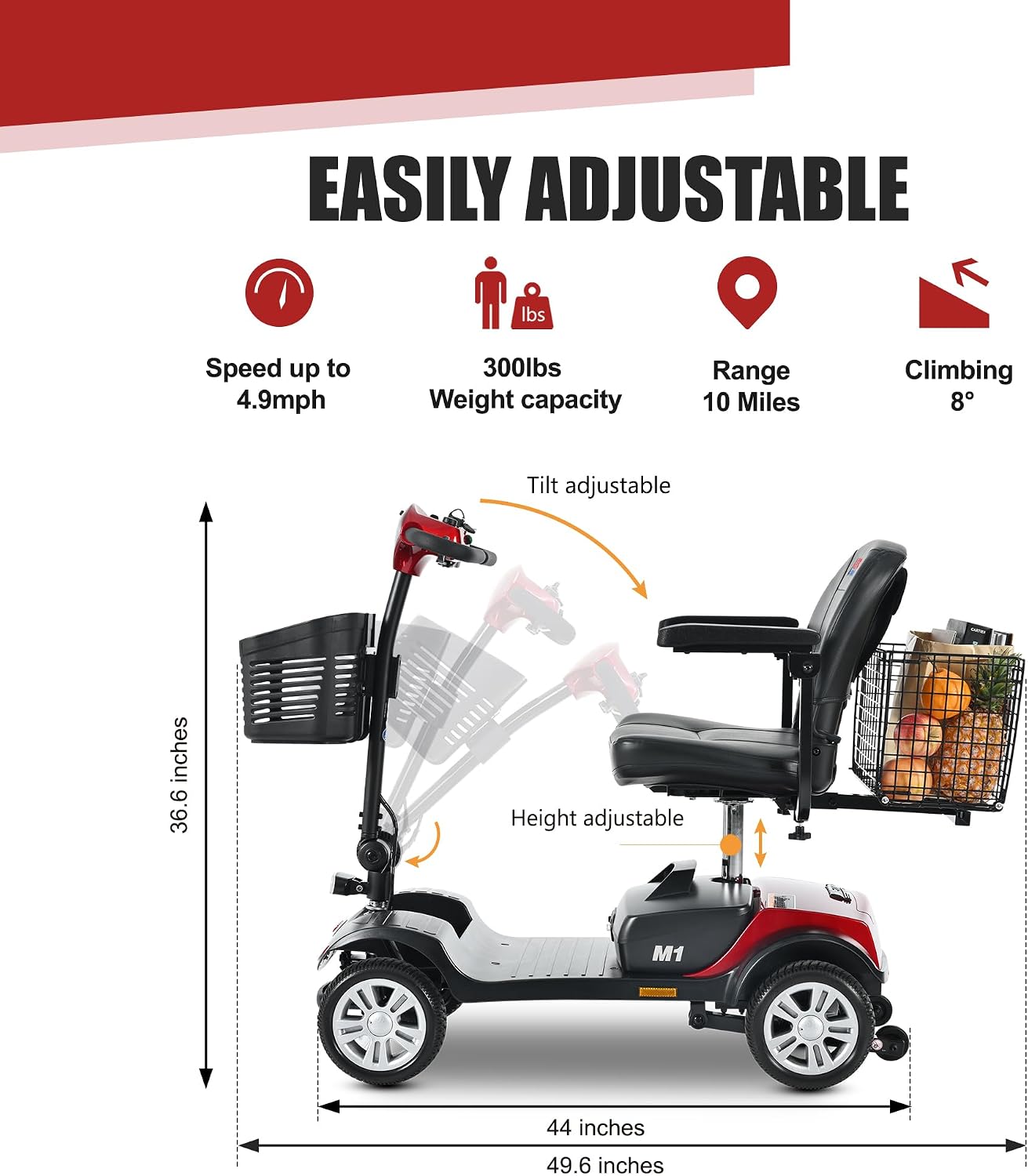 Metro Mobility 4 Wheel Foldable Mobility Scooter for Adults - 300 lbs Capacity Electric Mobility Scooters for Seniors, Travel - Long Range Power Extended Battery with Charger and Basket - Red