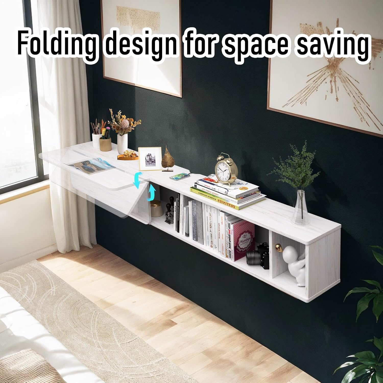 Pmnianhua 70'' Floating Desk with Storage Shelves,Wall Mounted Desk Laptop Computer Writing Study Table for Bedroom Small Space(White)