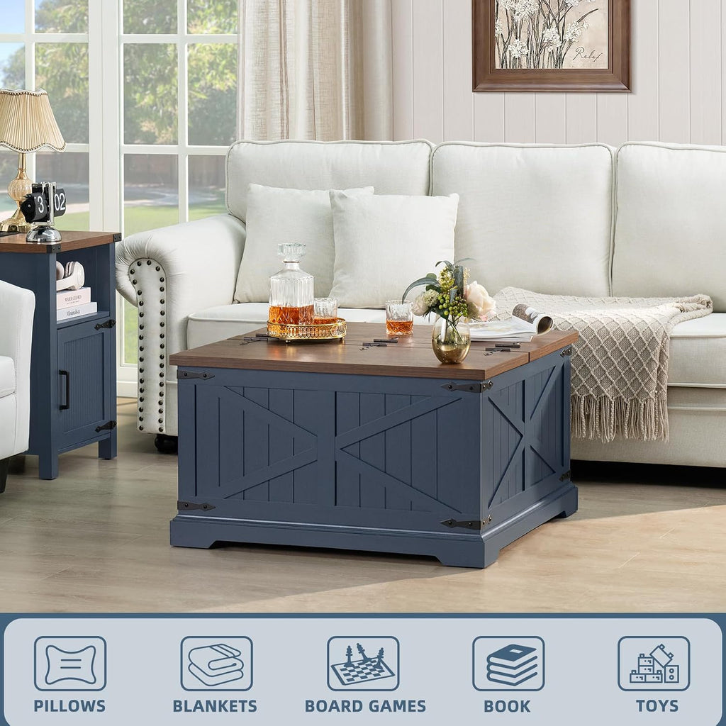 Joaxswe Farmhouse Coffee Table with Large Hidden Storage Compartment, Navy Blue Square Center Table, Wood Rustic Low Modern Living Room Tables with Hinged Lift Brown Top & Wooden Arc Base