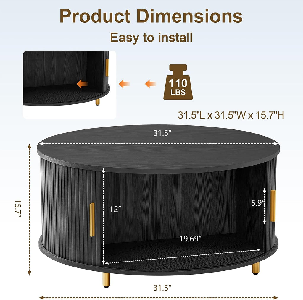 DHH Round Coffee Table, 31.5' Mid Century Modern Coffee Table with 360° Sliding Tambour Door, Fluted Accent Coffee Table with Storage Adjustable Footpads for Living Room, Black