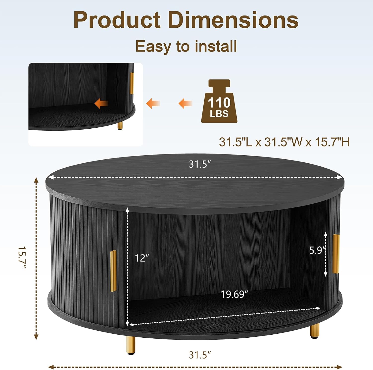DHH Round Coffee Table, 31.5' Mid Century Modern Coffee Table with 360° Sliding Tambour Door, Fluted Accent Coffee Table with Storage Adjustable Footpads for Living Room, Black