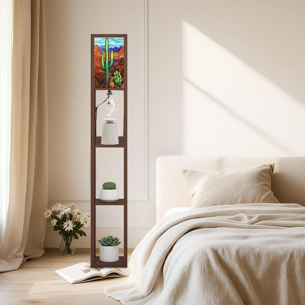 Floor Lamp with Shelves Stained Glass Decor Saguaro Cactus Desert Standing Tall Lamp USB Ports & Power Outlet Modern Corner Lamp Nightstand Light for Living Room Bedroom