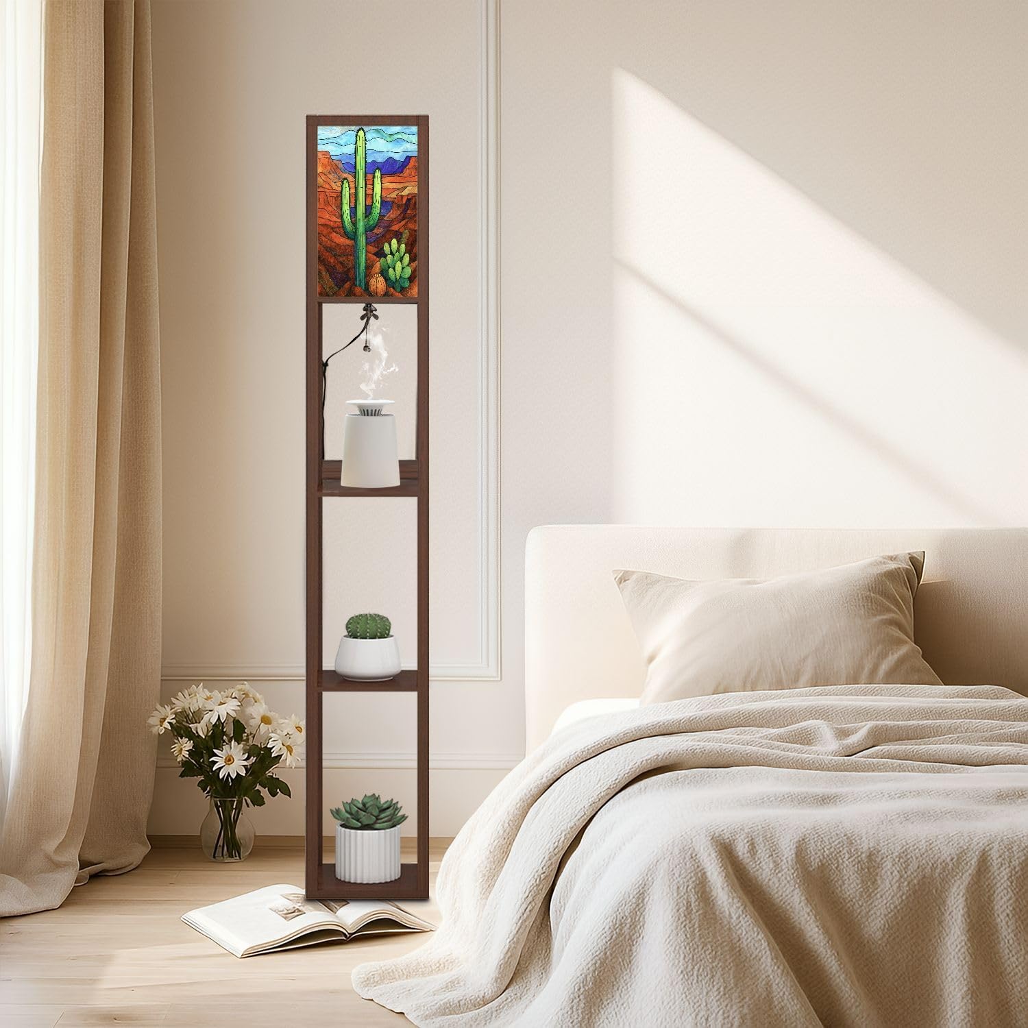 Floor Lamp with Shelves Stained Glass Decor Saguaro Cactus Desert Standing Tall Lamp USB Ports & Power Outlet Modern Corner Lamp Nightstand Light for Living Room Bedroom