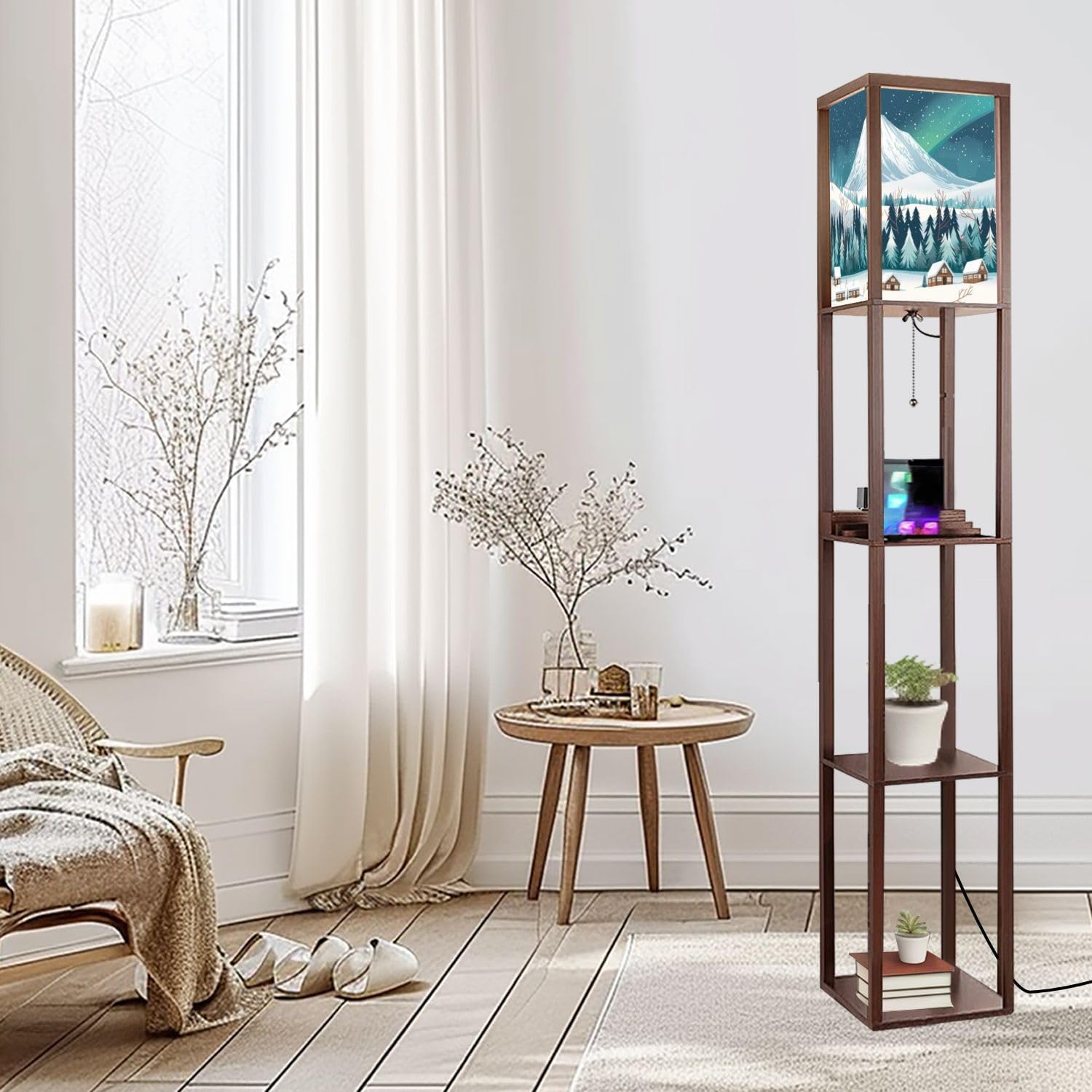 Floor Lamp with Shelves Snow Capped Mountain Wooden Cabins Crisp White Forest Standing Tall Lamp USB Ports & Power Outlet Modern Corner Lamp Nightstand Light for Living Room Bedroom