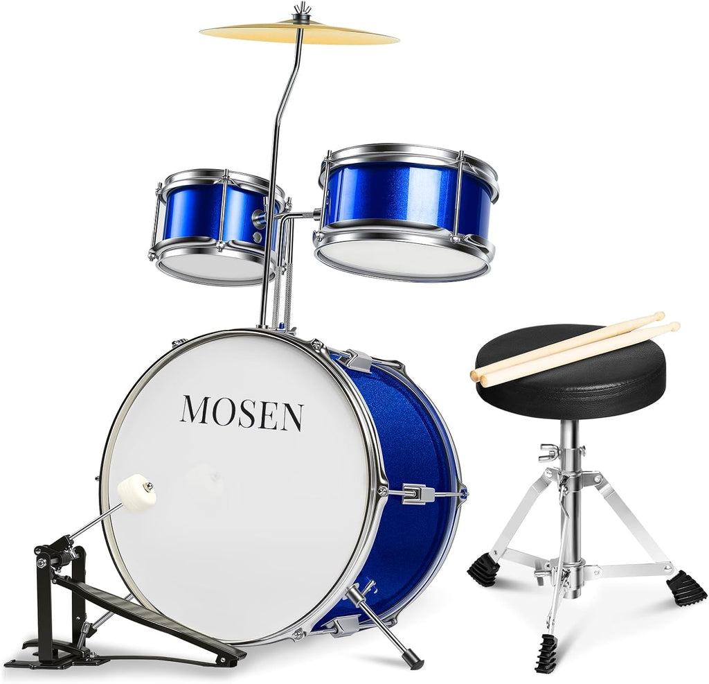 MOSEN Drum Set for Kids, 3-Piece Beginner Drum Kit with 14' Bass Drum, Tom Snare Drums, Adjustable Throne, Cymbal, Pedal & Drumsticks, Drums for Junior Kids Ages 5-9 - Blue