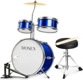 MOSEN Drum Set for Kids, 3-Piece Beginner Drum Kit with 14' Bass Drum, Tom Snare Drums, Adjustable Throne, Cymbal, Pedal & Drumsticks, Drums for Junior Kids Ages 5-9 - Blue