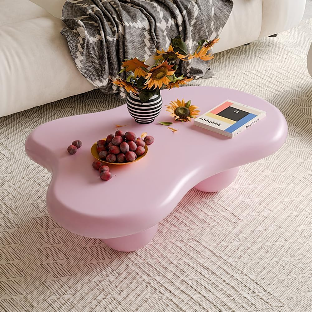 40' Cloud Coffee Table for Living Room Irregular Coffee Table Modern Low Coffee Tables Cute Center Table with 3 Ball Legs for Small Space Apartment Cream Pink
