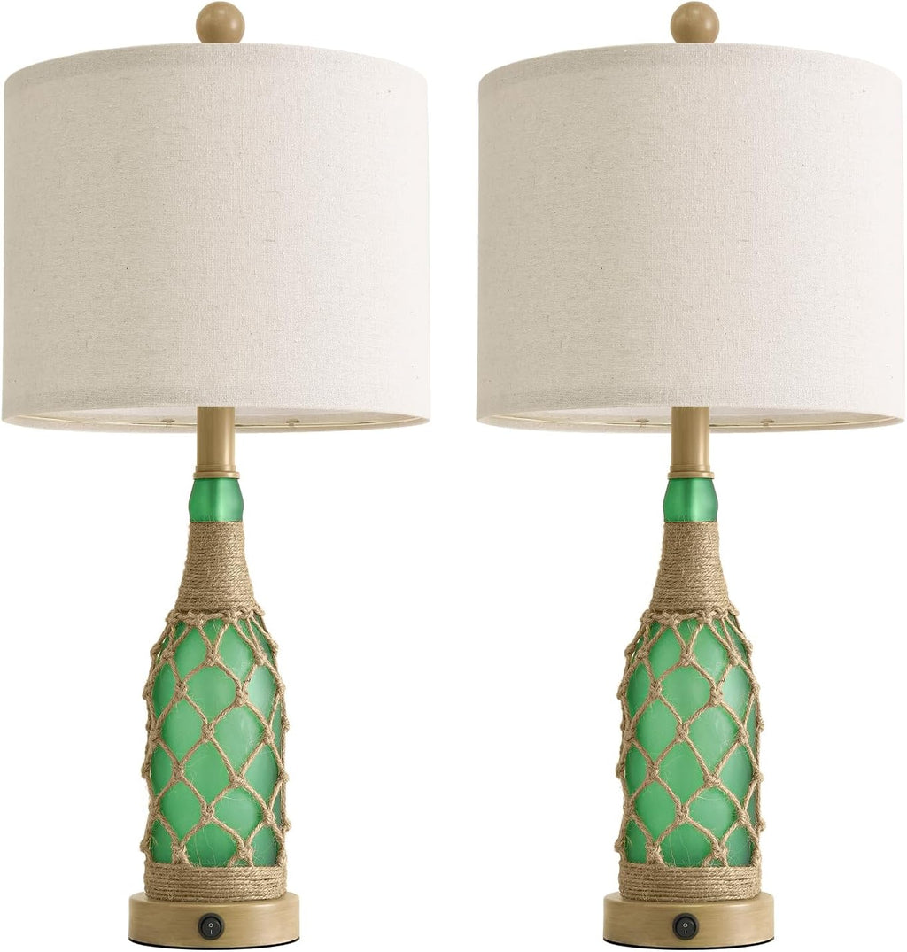 OYEARS 23'' Boho Table Lamps with Night Light for Living Room, Bedside Lamps Set of 2 with A+C Charging Ports for Bedroom, Farmhouse USB Lamps for Nightstand Console, Glass Bottle Rope Base, Green