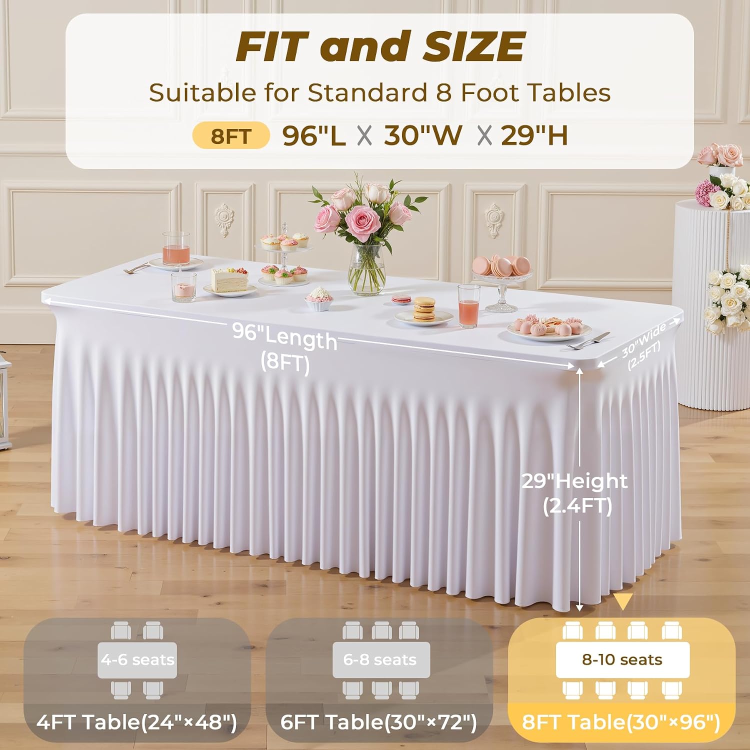 6 Pack White Spandex Fitted Tablecloth 8 Foot - Stretch Table Clothes for 8 FT Rectangle Table, Washable Ruffles Elastic for Weddings, Buffet, Banquet, Trade Craft Show, Party Celebration