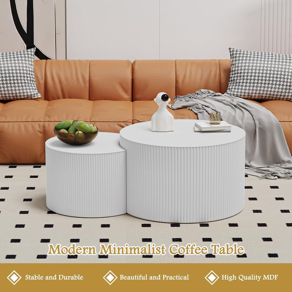 Round Coffee Table Set of 2 Modern Nesting Coffee Tables Wooden Drum Coffee Tables with Non-Slip Feet, Circle Nesting Tables End Table for Living Room Office, No Assembly (Cream 18.9'+14.96')