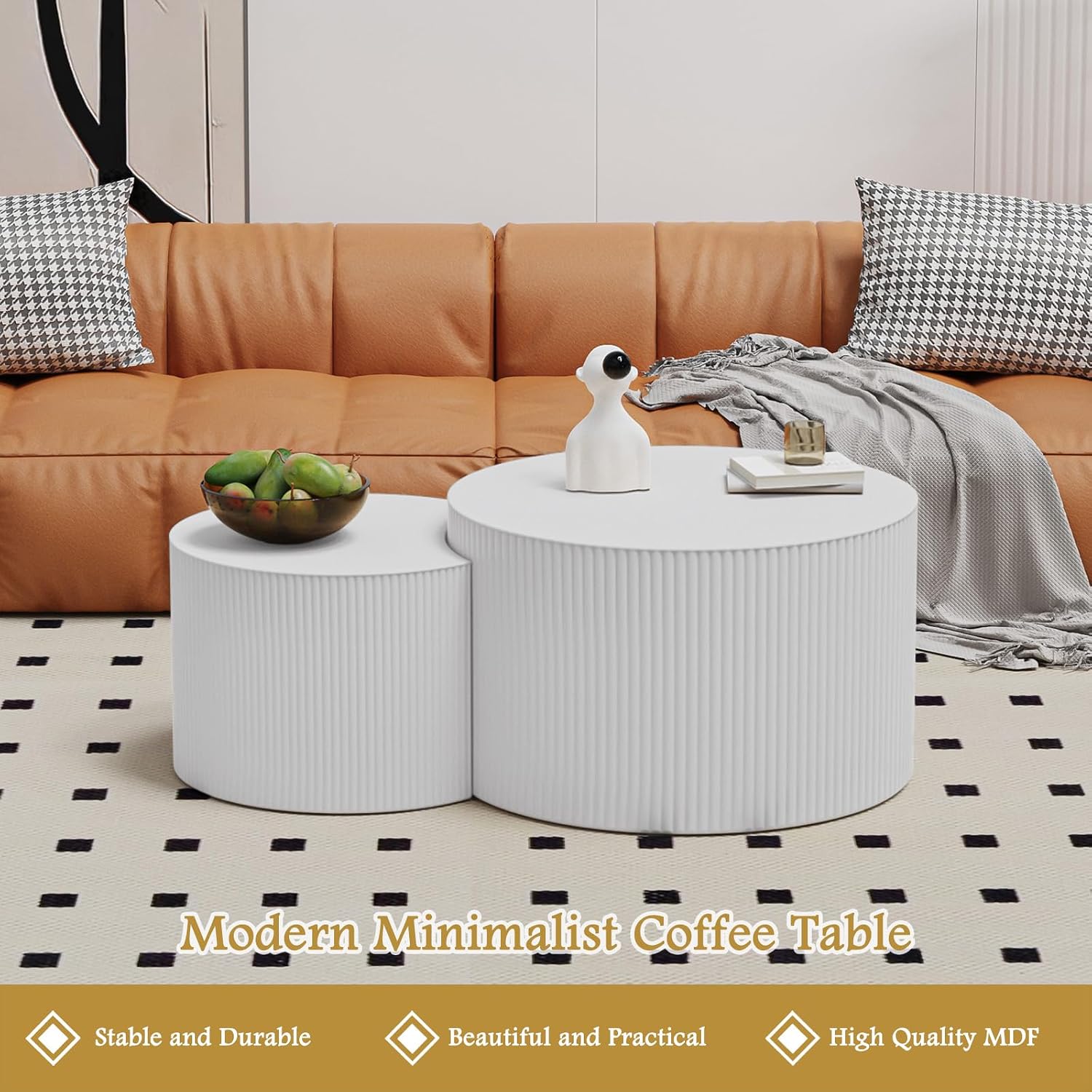 Round Coffee Table Set of 2 Modern Nesting Coffee Tables Wooden Drum Coffee Tables with Non-Slip Feet, Circle Nesting Tables End Table for Living Room Office, No Assembly (Cream 18.9'+14.96')