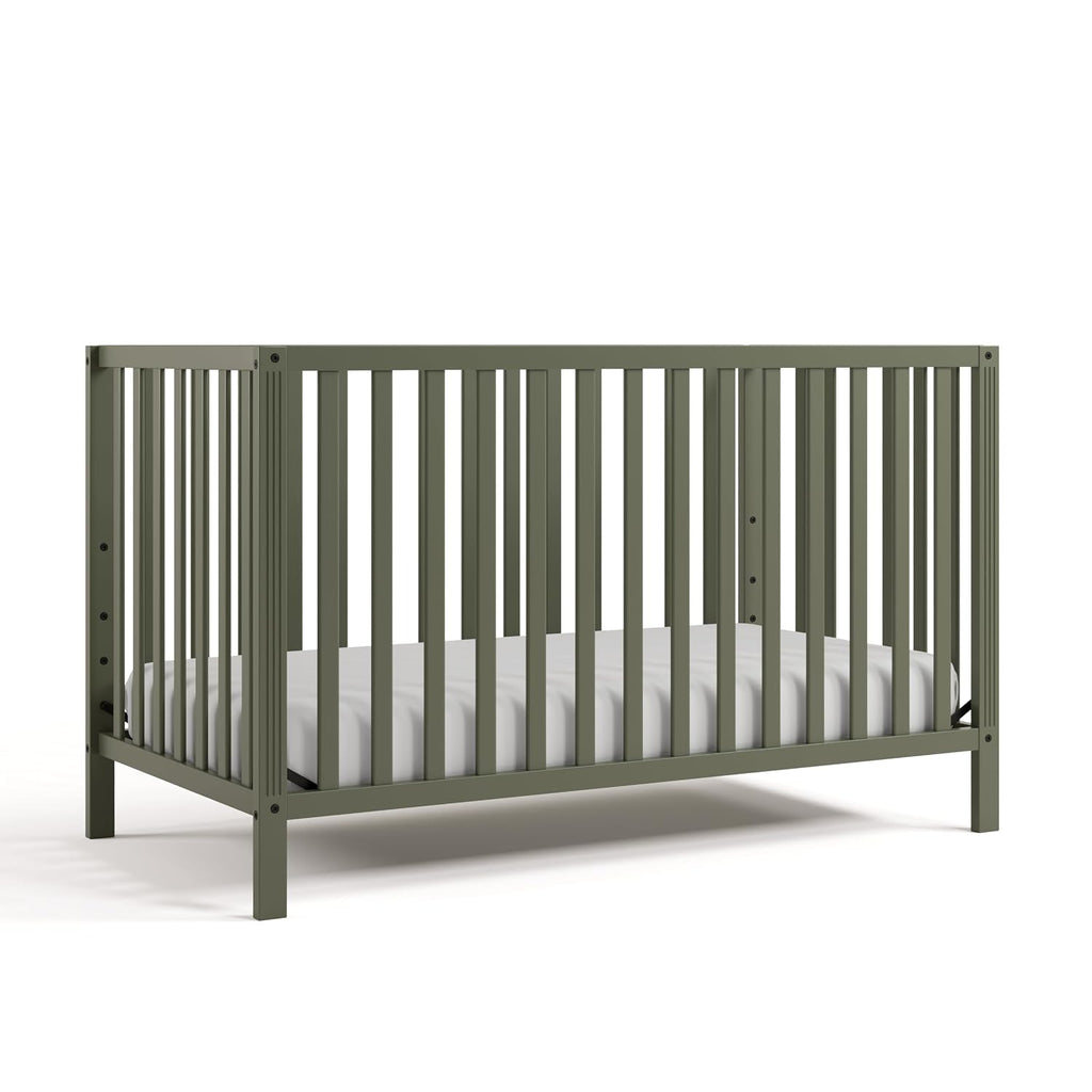 Storkcraft Morningside 5-in-1 Convertible Crib – GREENGUARD Gold Certified, Fits Standard Crib Mattress, Converts to Toddler Bed, Daybed and Full Bed, 4 Adjustable Mattress Heights (Olive)