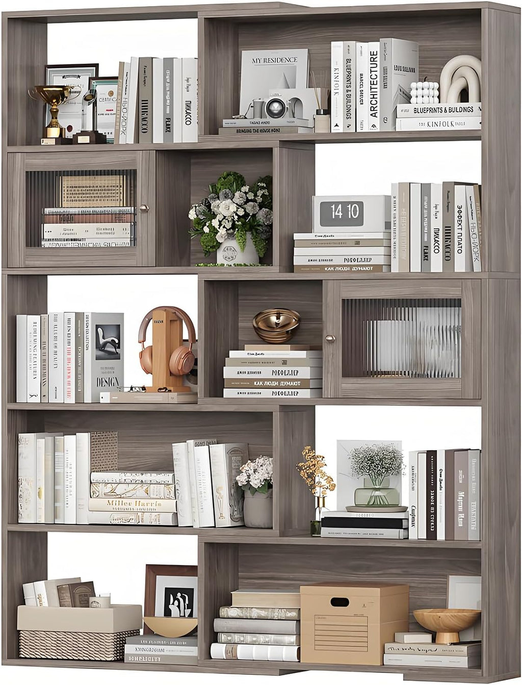 2-in-1 Expandable Bookshelf, Adjustable Width Bookcase with Sliding Doors, Freestanding Corner or Standard Shelf Organizer, Tall Storage Display Unit for Living Room, Bedroom, Office
