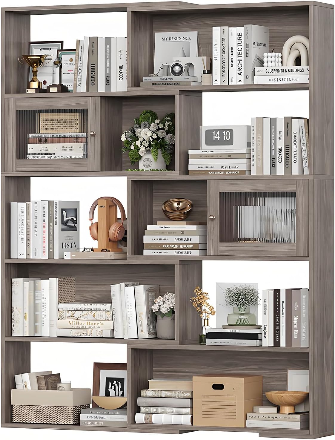 2-in-1 Expandable Bookshelf, Adjustable Width Bookcase with Sliding Doors, Freestanding Corner or Standard Shelf Organizer, Tall Storage Display Unit for Living Room, Bedroom, Office