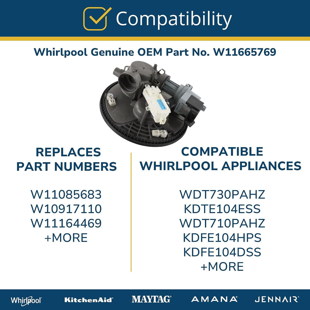 Whirlpool W11665769 Genuine OEM Dishwasher Pump and Motor Assembly Replacement Part - Replaces W10917110, W11085683, and W11164469