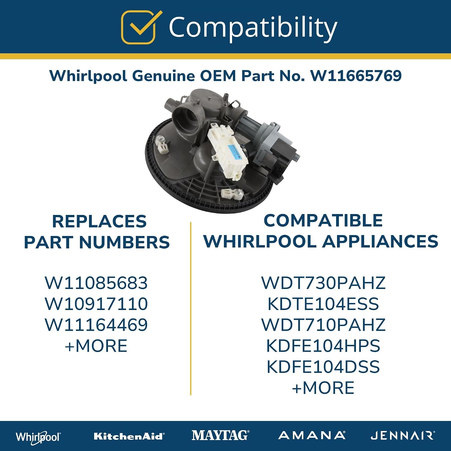 Whirlpool W11665769 Genuine OEM Dishwasher Pump and Motor Assembly Replacement Part - Replaces W10917110, W11085683, and W11164469