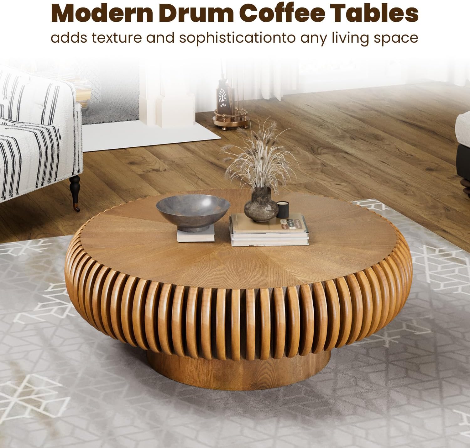 31.5' Drum Coffee Table Modern Unique Fluted Tea Table Contemporary Wood Round Coffee Table with Fluted Centry Table for Living Room Walnut (31.5' Brown)