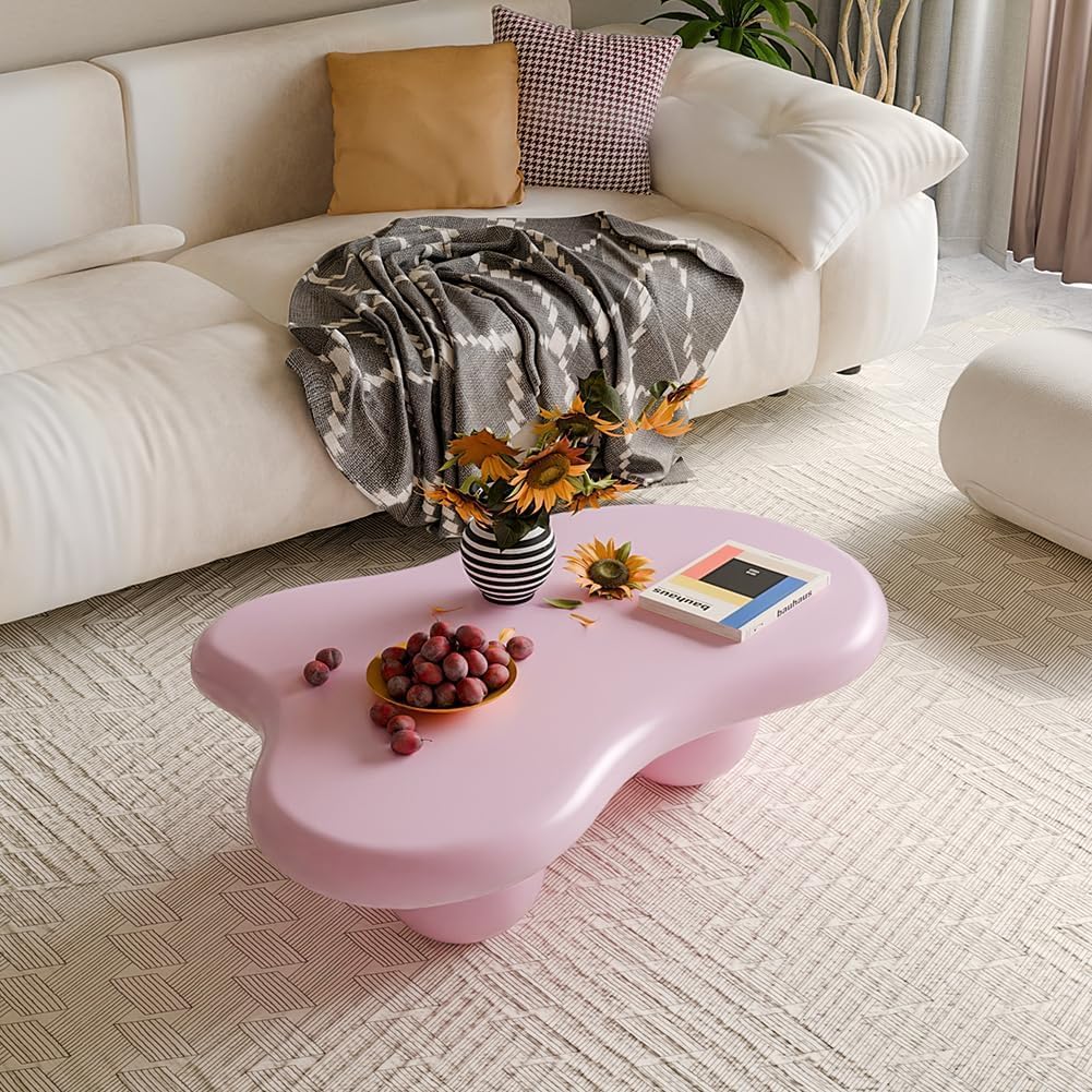 47' Cloud Coffee Table for Living Room Irregular Coffee Table Modern Unique Coffee Tables Cute Center Table with 3 Ball Legs for Small Space Apartment Cream Pink