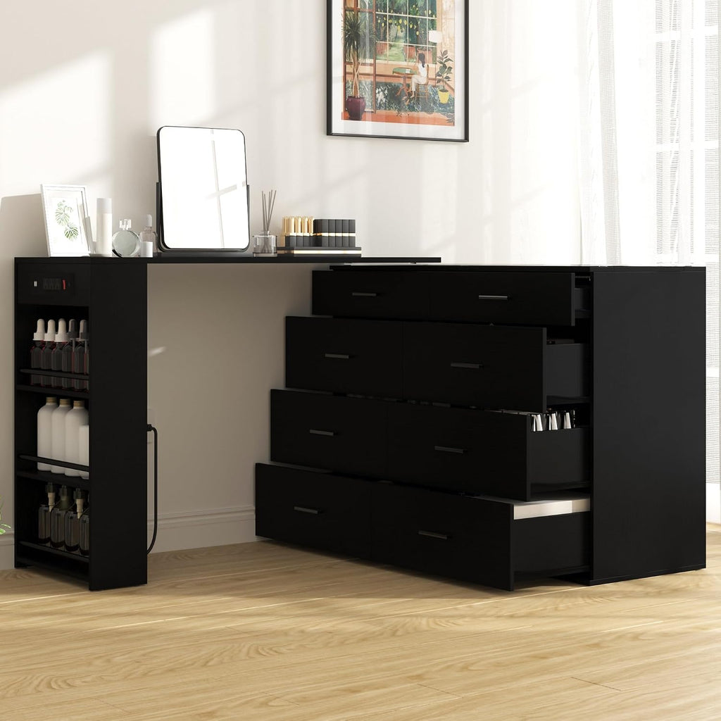 Black L Shaped Vanity Desk with LED Lighted Glass Top, Extendable Makeup Desk with 8 Drawers, 3 Open Shelves & Power Outlets, Corner Dressing Table for Bedroom