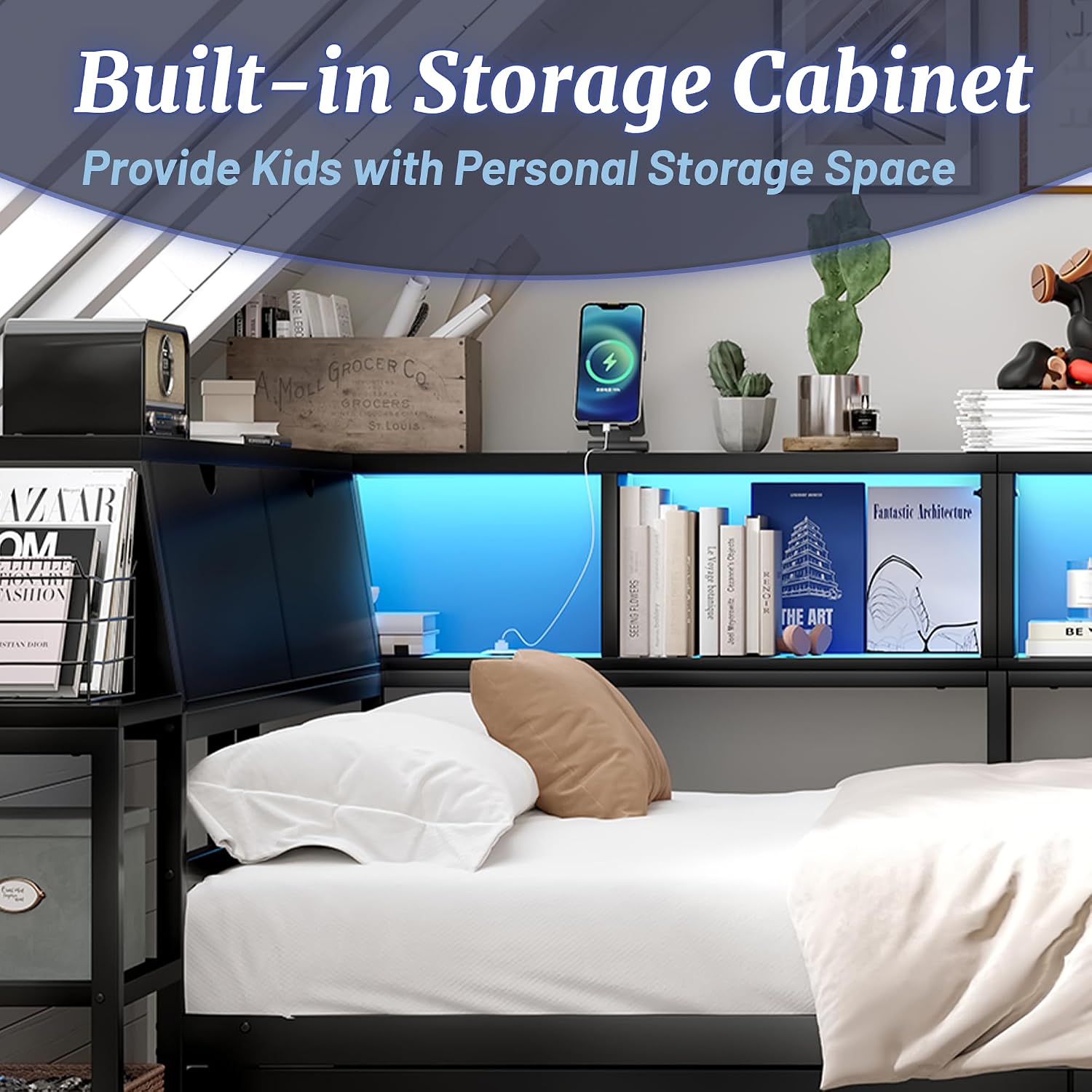 Twin Corner Bed Frame with Storage Drawers, Twin Daybed with Built-in Bookshelf & LED Light, L Shaped Twin Beds with Charging Station for Kids Teens, Black