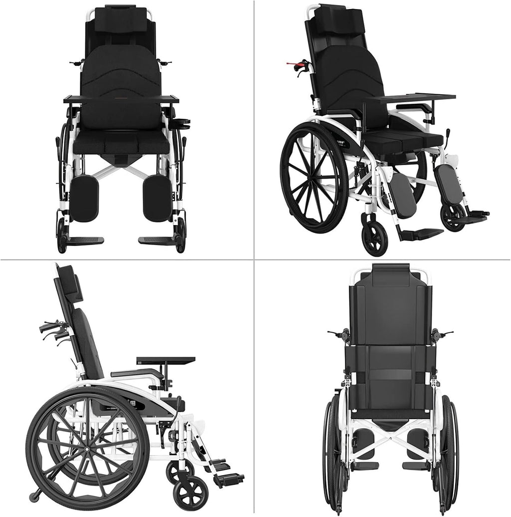 Full Reclining Wheelchair with High Back & Removable Headrest, Lightweight Foldable Manual Wheelchairs with Elevating Leg Rests, Fully Tiltable Scooter for The Disabled with Toilet, 18.5' Seat