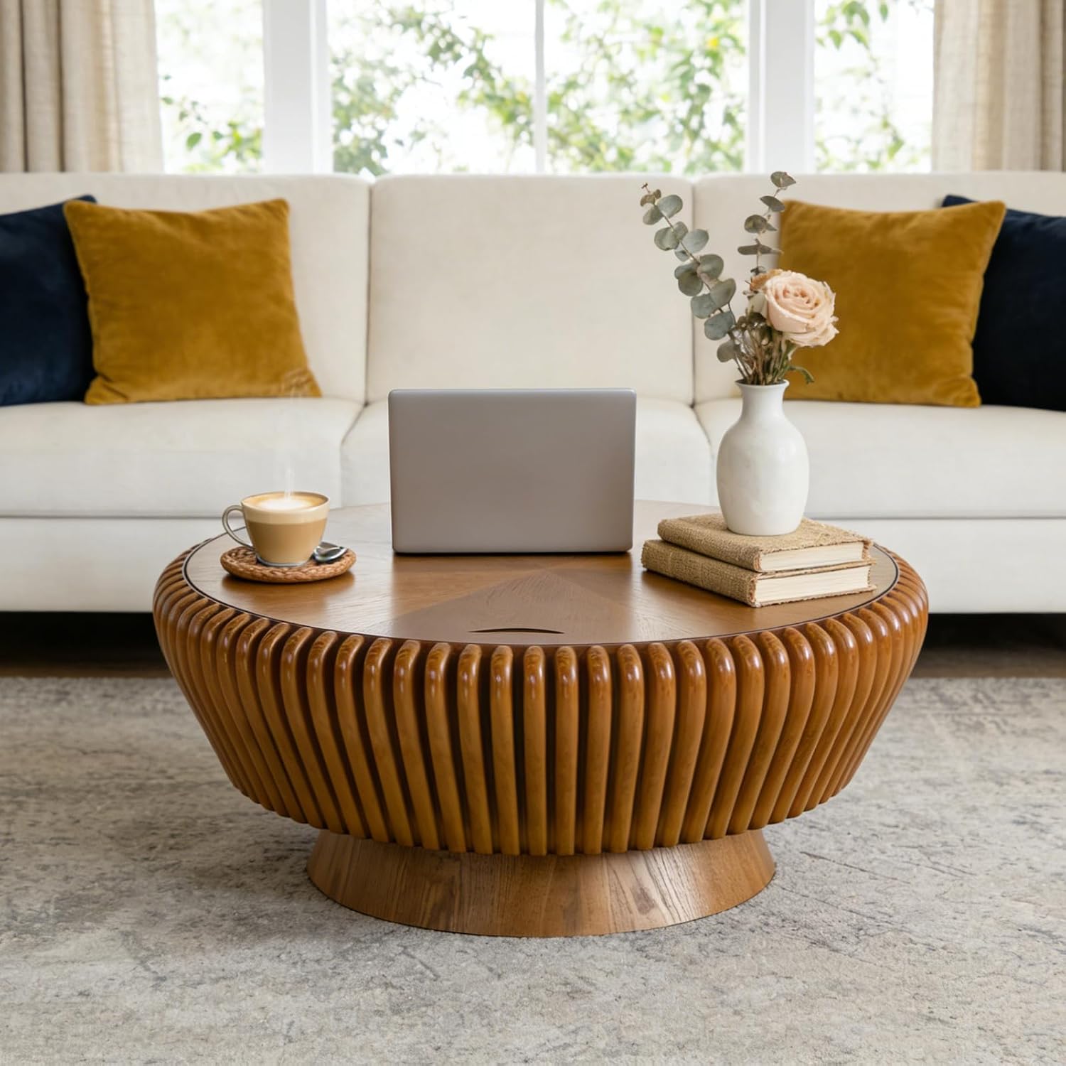 Round Coffee Table with Storage, 35.4' Modern Wooden Drum Coffee Table with Cover, Fluted Circle Center Table, Solid Wood Veneered, Accent Tea Table for Living Room Apartment Small Space (35.4 Brown)