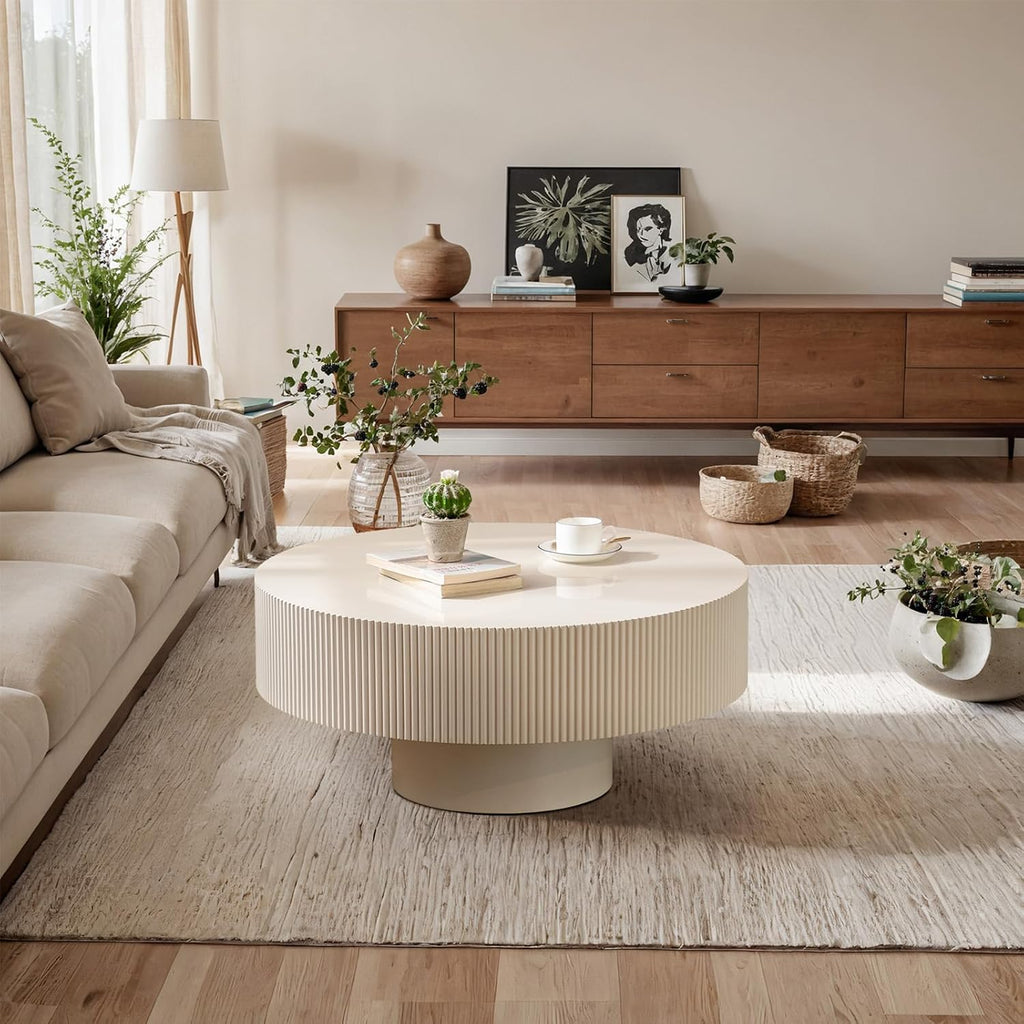 Round Fluted Coffee Table Mid Century Modern Coffee Tables with Handcrafted Relief Circle Drum End Table Rustic Industrial Center Tables for Apartment Living Room (White Round Thick)