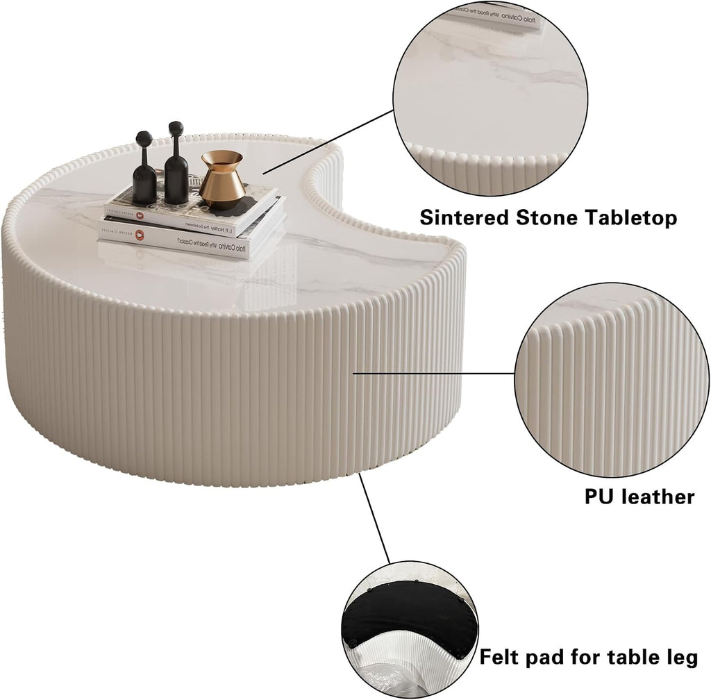 White Round Coffee Table with Sintered Stone Tabletop, 29.53' Drum Coffee Table with Fluted PU Leather Covered and Stable Base, Circle Cocktail Tea Table for Living Room